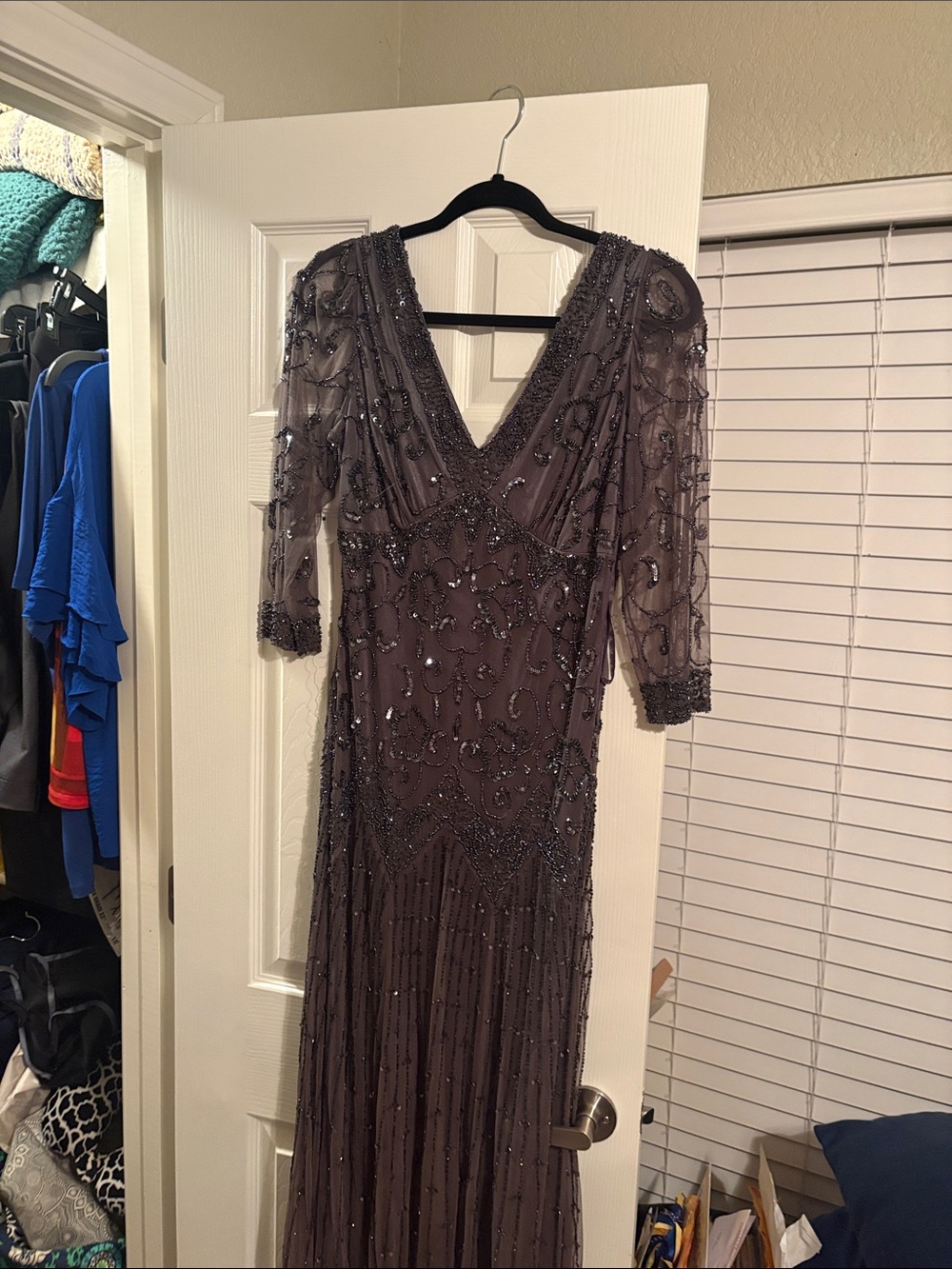 Pisarro Nights Embellished V-Neck Long Sleeve Evening Gown in Charcoal Gray